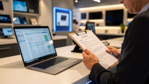Un consommateur compare un ordinateur portable et des documents de financement sur un comptoir dans une boutique high-tech moderne, avec un éclairage chaleureux et une faible profondeur de champ.