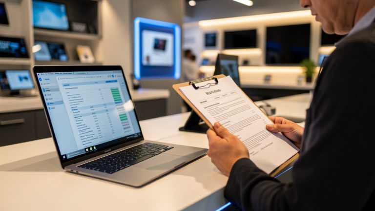 Un consommateur compare un ordinateur portable et des documents de financement sur un comptoir dans une boutique high-tech moderne, avec un éclairage chaleureux et une faible profondeur de champ.
