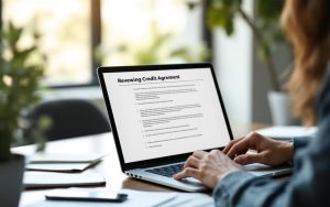 Une femme relit un contrat de crédit sur un ordinateur portable, avec des documents numériques ouverts à l’écran dans un bureau lumineux et calme.