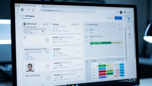 Vue rapprochée d’un écran d’ordinateur affichant une interface de type historique de page web avec versions, dates et panneaux de comparaison, ambiance high tech éditoriale, tons bleu et gris.