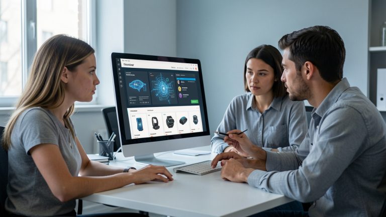 Une équipe e-commerce composée de deux femmes et d’un homme analyse un catalogue de produits sur un ordinateur doté d’une interface visuelle d’intelligence artificielle, dans un bureau moderne et sobre.
