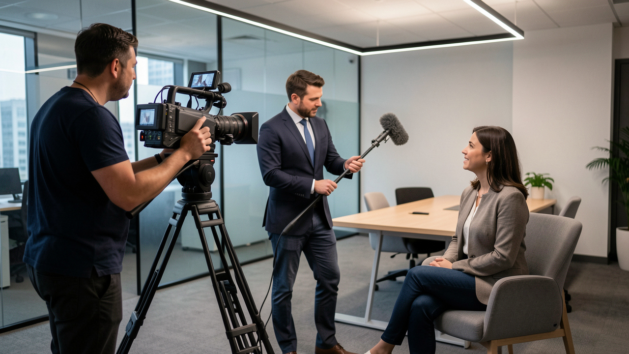 Équipe de production vidéo réalisant une interview corporate dans un bureau moderne, avec caméra cinéma sur trépied, ingénieur son tenant une perche et éclairage LED sobre.