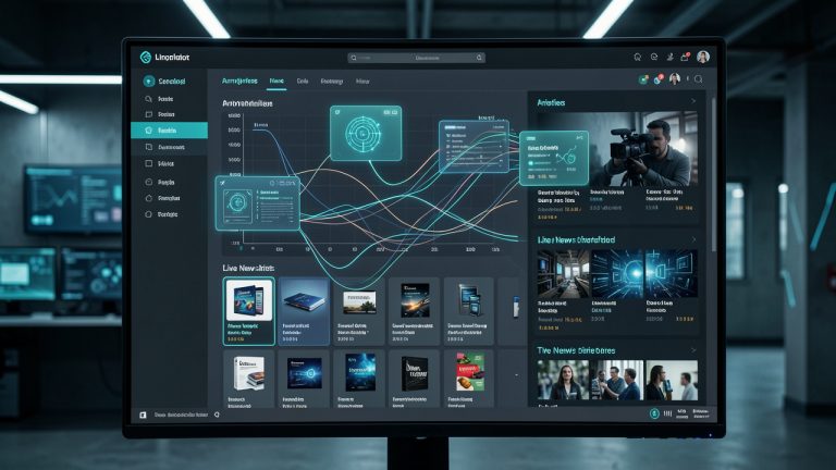 Vue éditoriale réaliste d’un tableau de bord e-commerce sur écran, montrant des indicateurs d’intelligence artificielle, des flux de veille abstraits et une grille de produits en ligne, style reportage tech.