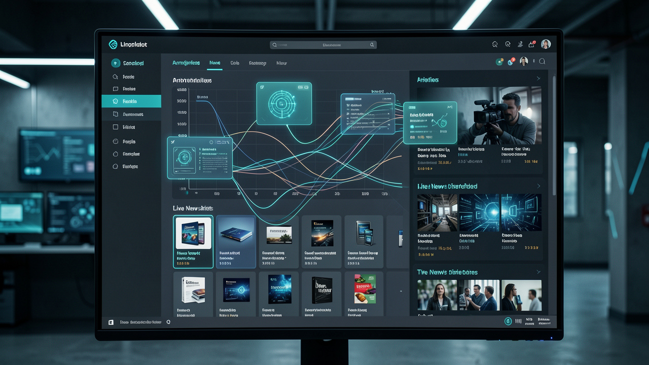 Vue éditoriale réaliste d’un tableau de bord e-commerce sur écran, montrant des indicateurs d’intelligence artificielle, des flux de veille abstraits et une grille de produits en ligne, style reportage tech.