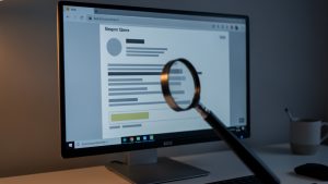 Ordinateur affichant une interface de courriel suspecte et une loupe examinant la zone de l’expéditeur, dans une ambiance de cybersécurité sobre.