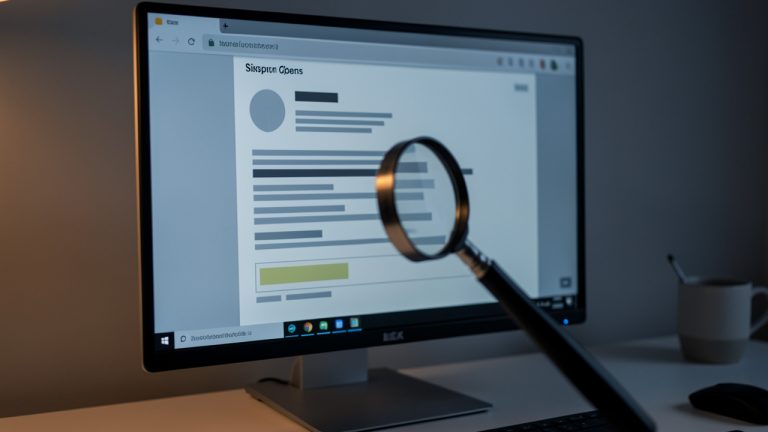 Ordinateur affichant une interface de courriel suspecte et une loupe examinant la zone de l’expéditeur, dans une ambiance de cybersécurité sobre.