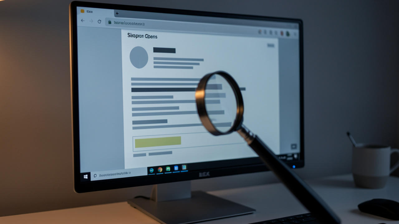 Ordinateur affichant une interface de courriel suspecte et une loupe examinant la zone de l’expéditeur, dans une ambiance de cybersécurité sobre.