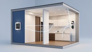Illustration réaliste en coupe d’une maison connectée présentant un thermostat, une caméra, une montre intelligente et plusieurs capteurs reliés par des connexions lumineuses à une passerelle locale.