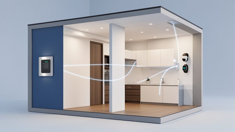 Illustration réaliste en coupe d’une maison connectée présentant un thermostat, une caméra, une montre intelligente et plusieurs capteurs reliés par des connexions lumineuses à une passerelle locale.