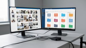 Installation sobre montrant une photothèque professionnelle transférée vers un NAS de bureau, avec écran affichant des vignettes d’images, câbles Ethernet et routeur sur un bureau.