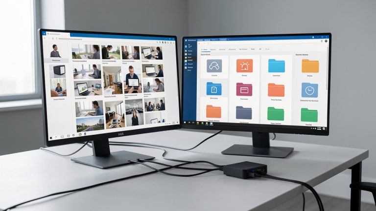 Installation sobre montrant une photothèque professionnelle transférée vers un NAS de bureau, avec écran affichant des vignettes d’images, câbles Ethernet et routeur sur un bureau.