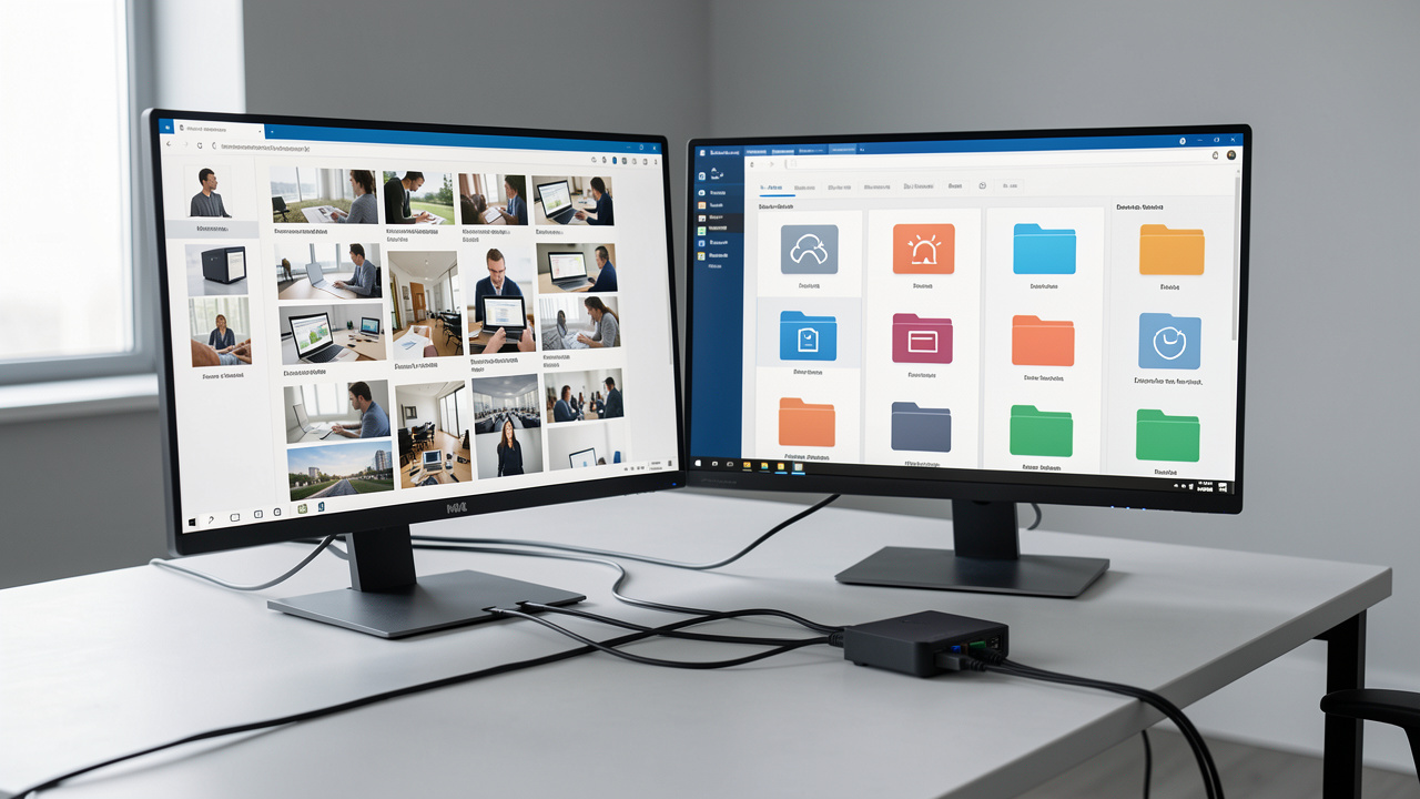 Installation sobre montrant une photothèque professionnelle transférée vers un NAS de bureau, avec écran affichant des vignettes d’images, câbles Ethernet et routeur sur un bureau.