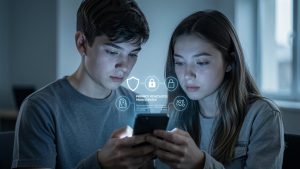 Un adolescent et une adolescente consultent ensemble un smartphone affichant une interface visuelle évoquant la confidentialité et la vérification de l’âge, dans une ambiance technologique sobre.