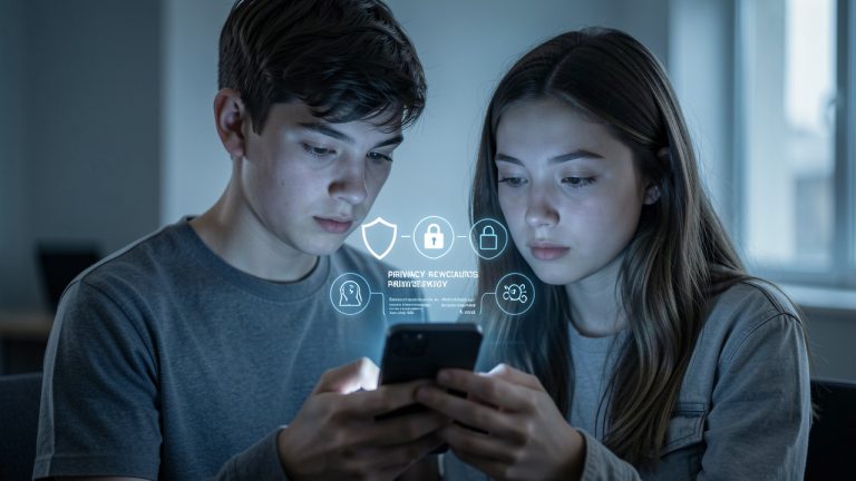 Un adolescent et une adolescente consultent ensemble un smartphone affichant une interface visuelle évoquant la confidentialité et la vérification de l’âge, dans une ambiance technologique sobre.