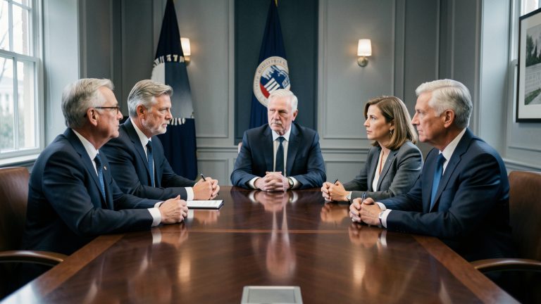 Réunion institutionnelle à Washington avec trois hommes et deux femmes dirigeants technologiques autour d’une table, dans une ambiance sobre consacrée à la régulation de l’intelligence artificielle.
