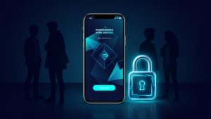 Illustration éditoriale high-tech d’un smartphone affichant une interface abstraite de vérification d’âge anonyme, accompagné d’un cadenas numérique lumineux et de silhouettes de jeunes adultes sur fond bleu nuit.
