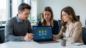 Une équipe composée d’un homme et de deux femmes examine un ordinateur portable affichant une interface abstraite de cybersécurité dans un bureau professionnel.