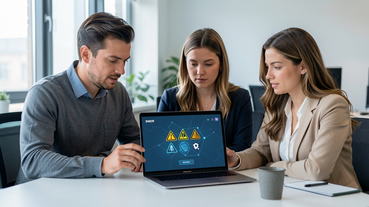 Une équipe composée d’un homme et de deux femmes examine un ordinateur portable affichant une interface abstraite de cybersécurité dans un bureau professionnel.