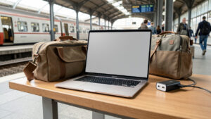 Ordinateur portable ouvert posé sur une table de gare, accompagné d’un sac de travail et d’un chargeur USB-C, éclairé par la lumière naturelle.
