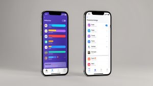 Deux smartphones modernes côte à côte affichant des interfaces visuelles abstraites de réglages du stockage des applications.