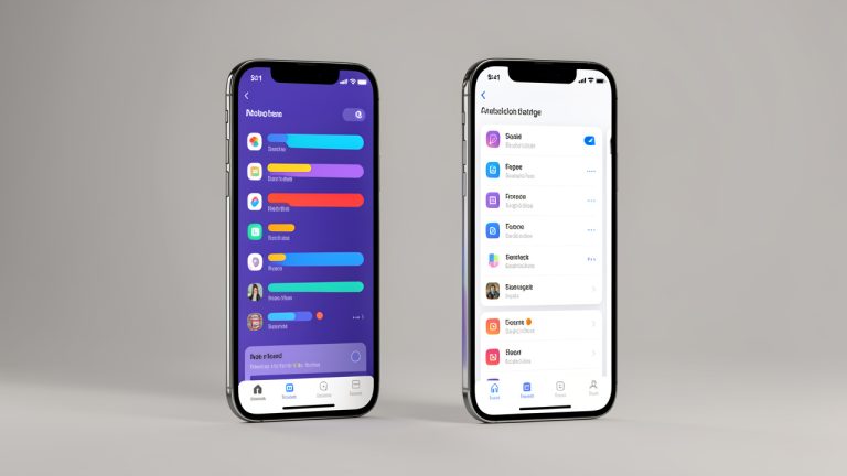 Deux smartphones modernes côte à côte affichant des interfaces visuelles abstraites de réglages du stockage des applications.