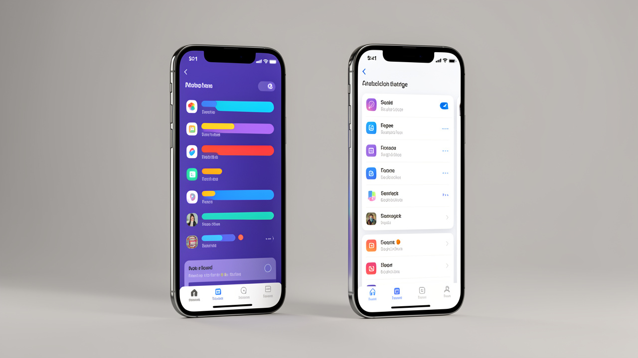 Deux smartphones modernes côte à côte affichant des interfaces visuelles abstraites de réglages du stockage des applications.
